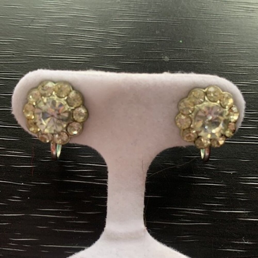 Vintage Flower Rhinestone Screw Back Earrings